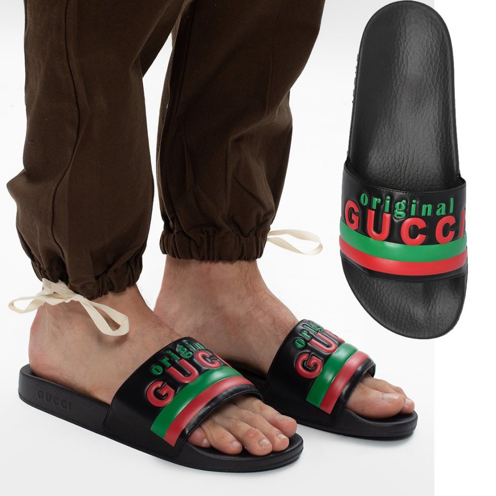 GUCCI SHOES MENS ORIGINAL BLACK LEATHER RUBBER SLIDE SANDAL w WEB sz 9G 9.5 US